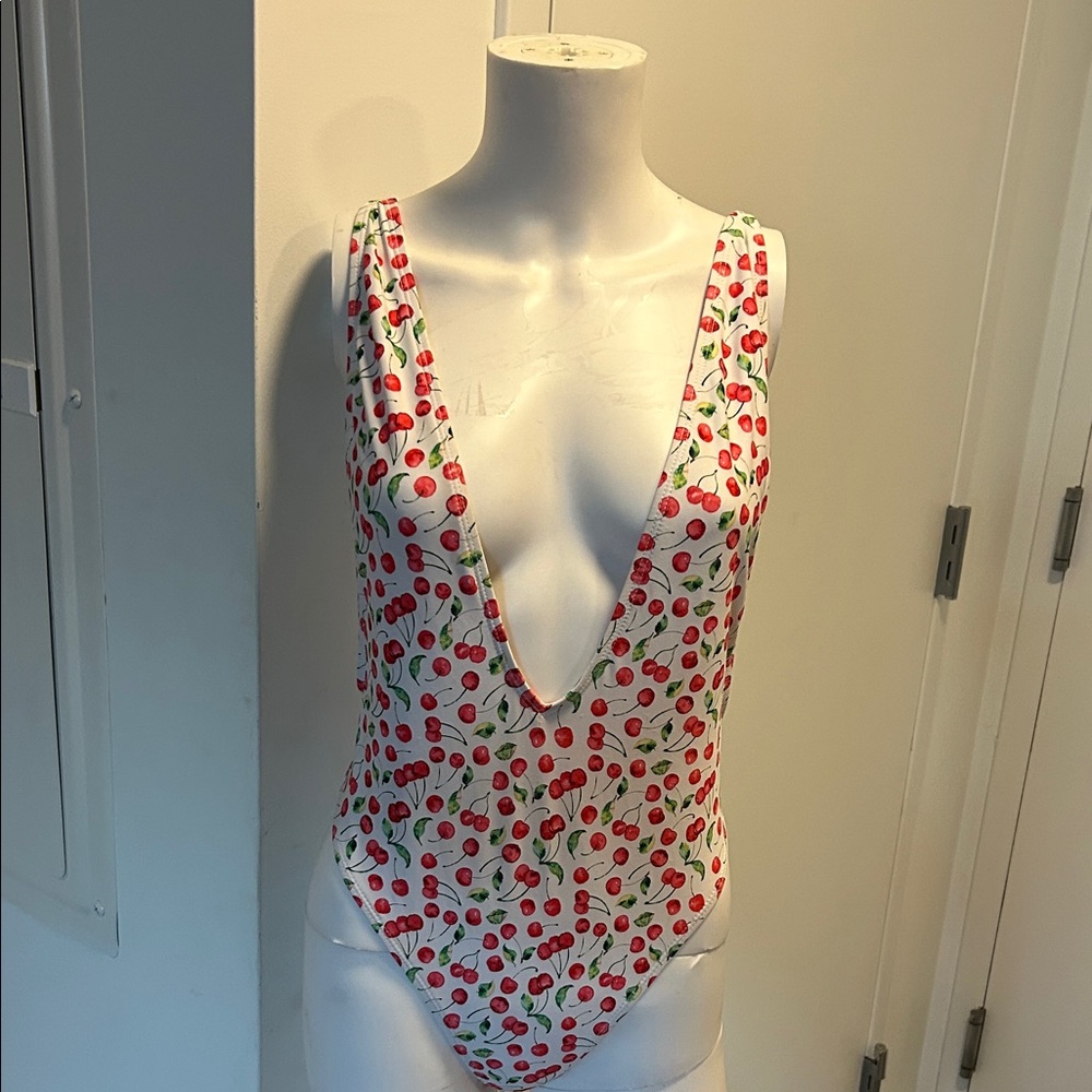 Fashion Nova Cherry Print Swimsuit - White and Red